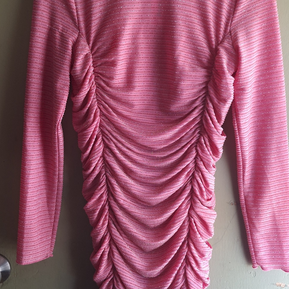 Ladies Pink Ruched Midi Dress